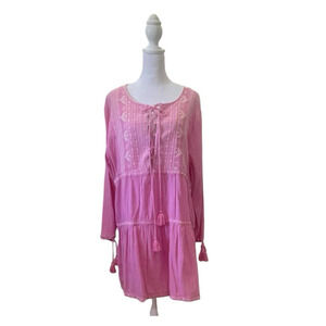 Melissa Odabash Dress Womens Large Pink Embroidered Kaftan Mini Boho Peasant